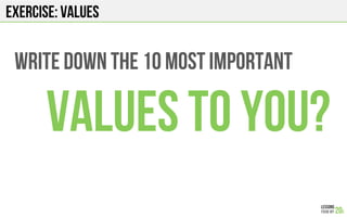 Exercise: VALUES
Write down the 10 most important
Values to you?
 