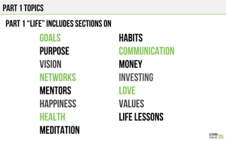 PART 1 TOPICS
GOALS
Purpose
vision
NETWORKS
MENTORS
HAPPINESS
Health
MEDITATION
PART 1 “LIFE” INCLUDES SECTIONS ON
HABITS
COMMUNICATION
Money
Investing
Love
values
Life LESSONS
 