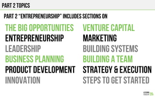 PART 2 TOPICS
The big opportunities
Entrepreneurship
Leadership
Business planning
Product development
Innovation
PART 2 “ENTREPRENEURSHIP” INCLUDES SECTIONS ON
Venture capital
Marketing
Building systems
Building a team
Strategy & execution
Steps to get started
 