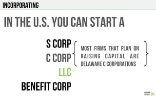 INcorporating
IN THE U.S. you can start a
S Corp
C Corp
LLC
BENEFIT CORP
Most firms that plan on
raising capital are
Delaware C Corporations
 