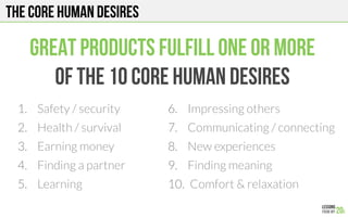 The core human desires
Great products fulfill one or more
Of the 10 core human desires
1.  Safety / security
2.  Health / survival
3.  Earning money
4.  Finding a partner
5.  Learning
6.  Impressing others
7.  Communicating / connecting
8.  New experiences
9.  Finding meaning
10.  Comfort & relaxation
 
