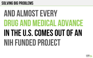 Solving big problems
AND ALMOST EVERY
DRUG AND MEDICAL ADVANCE
IN THE U.S. COMES OUT OF AN
NIh FUNDED PROJECT
 