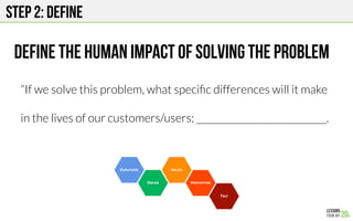 Step 2: DEFINE
Define the human impact of solving the problem
“If we solve this problem, what speciﬁc differences will it make
in the lives of our customers/users: ____________________________. 
!
 