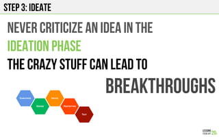 Step 3: IDEATE
Never criticize an idea in the
Ideation phase
The crazy stuff can lead to
breakthroughs
 