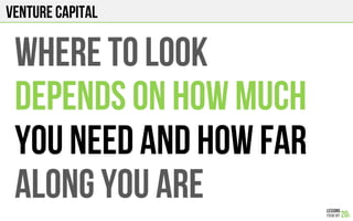 Venture Capital
WHERE TO LOOK
DEPENDS ON HOW MUCH
YOU NEED AND HOW FAR
ALONG YOU ARE
 