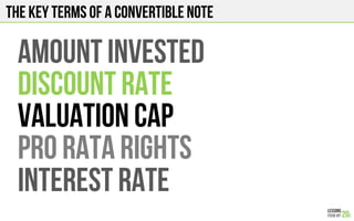 The Key Terms of a Convertible note
Amount invested
Discount rate
Valuation cap
Pro rata rights
Interest rate
 