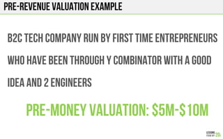 Pre-Revenue Valuation example
b2c tech COMPANY RUN BY FIRST TIME ENTREPRENEURS
who have been through y combinator with a good
idea AND 2 engineers
Pre-Money Valuation: $5M-$10M
 