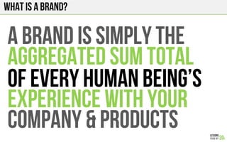 What is a brand?
A BRAND IS SIMPLY THE
AGGREGATEd SUM TOTAL
OF EVERY Human BEING’S
EXPERIENCE WITH YOUR
COMPANY & PRODUCTs
 
