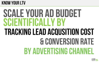 Know your LTV
SCALE YOUR AD BUDGET
SCIENTIFICALLY BY
TRACKING LEAD ACQUSITION COST
& CONVERSION RATE
BY ADVERTISING CHANNEL
 