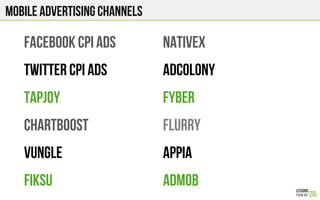 MOBILE advertising channels
Facebook CPI Ads
Twitter CPI Ads
TapJoy
ChartBoost
Vungle
Fiksu
nativex
Adcolony
Fyber
Flurry
APPIA
Admob
 