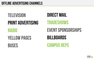 Offline advertising channels
TELEVISION
PRINT ADVERTISING
RADIO
YELLOW PAGES
buses
DIRECT MAIL
TRADESHOWS
EVENT SPONSORSHIPS
BILLBOARDS
CAMPUS REPS
 