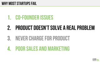 Why most startups fail
1.  Co-founder issues
2.  Product doesn’t solve a real problem
3.  Never charge for product
4.  Poor sales and marketing
 