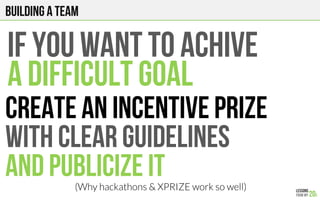 IF YOU WANT TO ACHIVE
A DIFFICULT GOAL
CREATE An INCENTIVE PRIZE
WITH CLEAR GUIDELINES
AND PUBLICIZE IT(Why hackathons & XPRIZE work so well)
Building a team
 