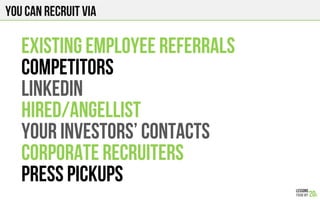 You can recruit via
EXISTING EMPLOYEE REFERRALS
COMPETITORS
linkedin
Hired/angelList
YOUR INVESTORs’ CONTACTS
CORPORATE RECRUITERS
PRESS PICKUPS
 