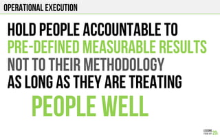 Operational execution
HOLD PEOPLE ACCOUNTABLE TO
PRE-DEFINED MEASURABLE RESULTS
NOT TO THEIR METHODOLOGy
AS LONG AS THEY ARE TREATING
PEOPLE WELL
 