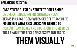 Operational execution
ONCE YOU’RE CLEAR ON STRATEGY DON’T SKIMP
ON OPERATIONALIZING THE STRATEGY PLAN
TEAMS IN LARGER COMPANIES GET OFF TRACK HERE
FIGURE OUT WHAT RESOURCES ARE NEEDED TO
ACHIEVE TEAM GOALS AND FIGURE OUT THE METRICS
THAT ENABLE THE FOCUS NECESSARY AND TRACK
THEM VISUALLY
 