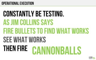 Operational execution
CONSTANTLY be TESTing.
As jim collins says
FIRE BULLETS TO FIND WHAT WORKS
SEE WHAT WORKS
THEN FIRE CANNONBALLS
 