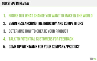 100 Steps in review
1.  FIGURE OUT WHAT CHANGE you WANT TO MAKE IN THE WORLD
2.  BEGIN RESEARCHING THE INDUSTRY AND COMPETITORs
3.  DETERMINE HOW TO CREATE YOUR PRODUCT
4.  TALK TO POTENTIAL CUSTOMERS FOR FEEDBACK
5.  COME UP WITH NAME FOR YOUR COMPANY/PRODUCT
 