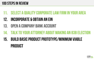100 Steps in review
11.  SELECT A QUALITY CORPORATE LAW FIRM IN YOUR AREA
12.  INCORPORATE & OBTAIN AN EIN
13.  OPEN A COMPANY BANK ACCOUNT
14.  TALK TO YOUR ATTORNEY ABOUT MAKING an 83b election
15.  BUILD BASIC PRODUCT PROTOTYPE/Minimum viable
product
 