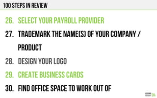 100 Steps in review
26.  SELECT YOUR PAYROLL PROVIDER
27.  TRADEMARK THE NAME(S) of your company /
Product
28.  DESIGN YOUR LOGO
29.  CREATE BUSINESS CARDS
30.  FIND OFFICE SPACE TO WORK OUT OF
 