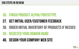 100 Steps in review
36.  FINISH PRODUCT ALpHa/PROTOTYPE
37.  GET INITIAL USER/CUSTOMER FEEDBACK
38.  ORDER INITIAL INVENTORY OF PRODUCTS IF NEEDED
39.  REGISTER YOUR DOMAIN NAME
40.  DESIGN YOUR COMPANY WEB SITE
 