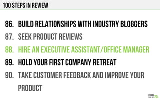 100 Steps in review
86.  BUILD RELATIONSHIPS WITH INDUSTRY BLOGGERS
87.  SEEK PRODUCT REVIEWS
88.  HIRE AN EXECUTIVE ASSISTANT/OFFICE MANAGER
89.  HOLD YOUR FIRST COMPANY RETREAT
90.  TAKE CUSTOMER FEEDBACK AND IMPROVE YOUR
PRODUCT
 