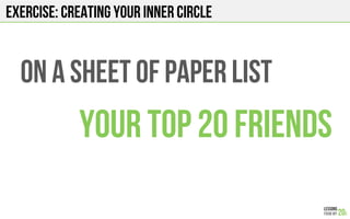 EXERCISE: CREATING YOUR INNER CIRCLE
ON A SHEET OF PAPER LIST
YOUR TOP 20 FRIENDS
 