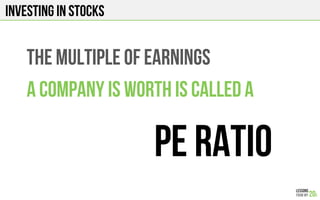 INVESTING IN STOCKS
P/E RATIO is:
PRICE
EARNINGS
 