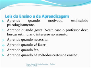 1. Aprende quando motivado, estimulado
psicologicamente.
2. Aprende quando gosta. Neste caso o professor deve
buscar estimular o interesse no assunto.
3. Aprende quando necessita.
4. Aprende quando vê fazer.
5. Aprende quando faz.
6. Aprende quando há métodos certos de ensino.
Fonte: Manual da Escola Dominical – Antônio
Gilberto - CPAD
 