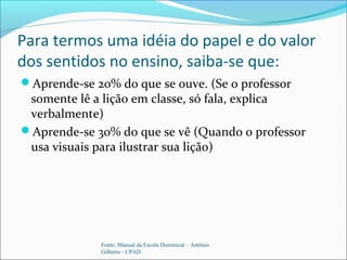 Para termos uma idéia do papel e do valor
dos sentidos no ensino, saiba-se que:
Aprende-se 20% do que se ouve. (Se o professor
somente lê a lição em classe, só fala, explica
verbalmente)
Aprende-se 30% do que se vê (Quando o professor
usa visuais para ilustrar sua lição)
Fonte: Manual da Escola Dominical – Antônio
Gilberto - CPAD
 
