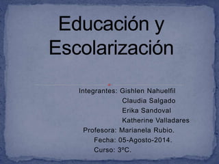 Integrantes: Gishlen Nahuelfil
Claudia Salgado
Erika Sandoval
Katherine Valladares
Profesora: Marianela Rubio.
Fecha: 05-Agosto-2014.
Curso: 3ºC.
 