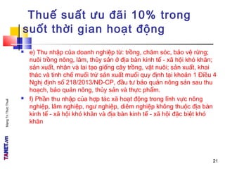 MạngTriThứcThuế
21
Thuế suất ưu đãi 10% trong
suốt thời gian hoạt động
 e) Thu nhập của doanh nghiệp từ: trồng, chăm sóc, bảo vệ rừng;
nuôi trồng nông, lâm, thủy sản ở địa bàn kinh tế - xã hội khó khăn;
sản xuất, nhân và lai tạo giống cây trồng, vật nuôi; sản xuất, khai
thác và tinh chế muối trừ sản xuất muối quy định tại khoản 1 Điều 4
Nghị định số 218/2013/NĐ-CP, đầu tư bảo quản nông sản sau thu
hoạch, bảo quản nông, thủy sản và thực phẩm.
 f) Phần thu nhập của hợp tác xã hoạt động trong lĩnh vực nông
nghiệp, lâm nghiệp, ngư nghiệp, diêm nghiệp không thuộc địa bàn
kinh tế - xã hội khó khăn và địa bàn kinh tế - xã hội đặc biệt khó
khăn
21
 