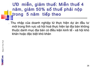MạngTriThứcThuế
ƯĐ miễn, giảm thuế: Miễn thuế 4
năm, giảm 50% số thuế phải nộp
trong 5 năm tiếp theo
. Thu nhập của doanh nghiệp từ thực hiện dự án đầu tư
mới trong lĩnh vực xã hội hoá thực hiện tại địa bàn không
thuộc danh mục địa bàn có điều kiện kinh tế - xã hội khó
khăn hoặc đặc biệt khó khăn
2626
 