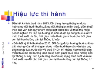 MạngTriThứcThuế
Hiệu lực thi hành
 Đến hết kỳ tính thuế năm 2013, DN đang trong thời gian được
hưởng ưu đãi thuế (thuế suất ưu đãi, thời gian miễn thuế, giảm thuế)
theo các văn bản quy phạm pháp luật trước đây về thuế thu nhập
doanh nghiệp thì tiếp tục hưởng số năm được áp dụng thuế suất và
mức thuế suất ưu đãi, thời gian miễn thuế, giảm thuế cho thời gian
còn lại theo hướng dẫn tại Thông tư này.
 - Đến hết kỳ tính thuế năm 2013, DN đang được hưởng thuế suất ưu
đãi, nhưng vừa hết thời gian được miễn thuế theo các văn bản quy
phạm pháp luật trước đây về thuế TNDN thì không hưởng thời gian
miễn thuế mà chỉ hưởng toàn bộ số năm giảm thuế theo hướng dẫn
tại Thông tư này, tiếp tục hưởng số năm áp dụng thuế suất và mức
thuế suất ưu đãi cho thời gian còn lại theo hướng dẫn tại Thông tư
này.
3333
 