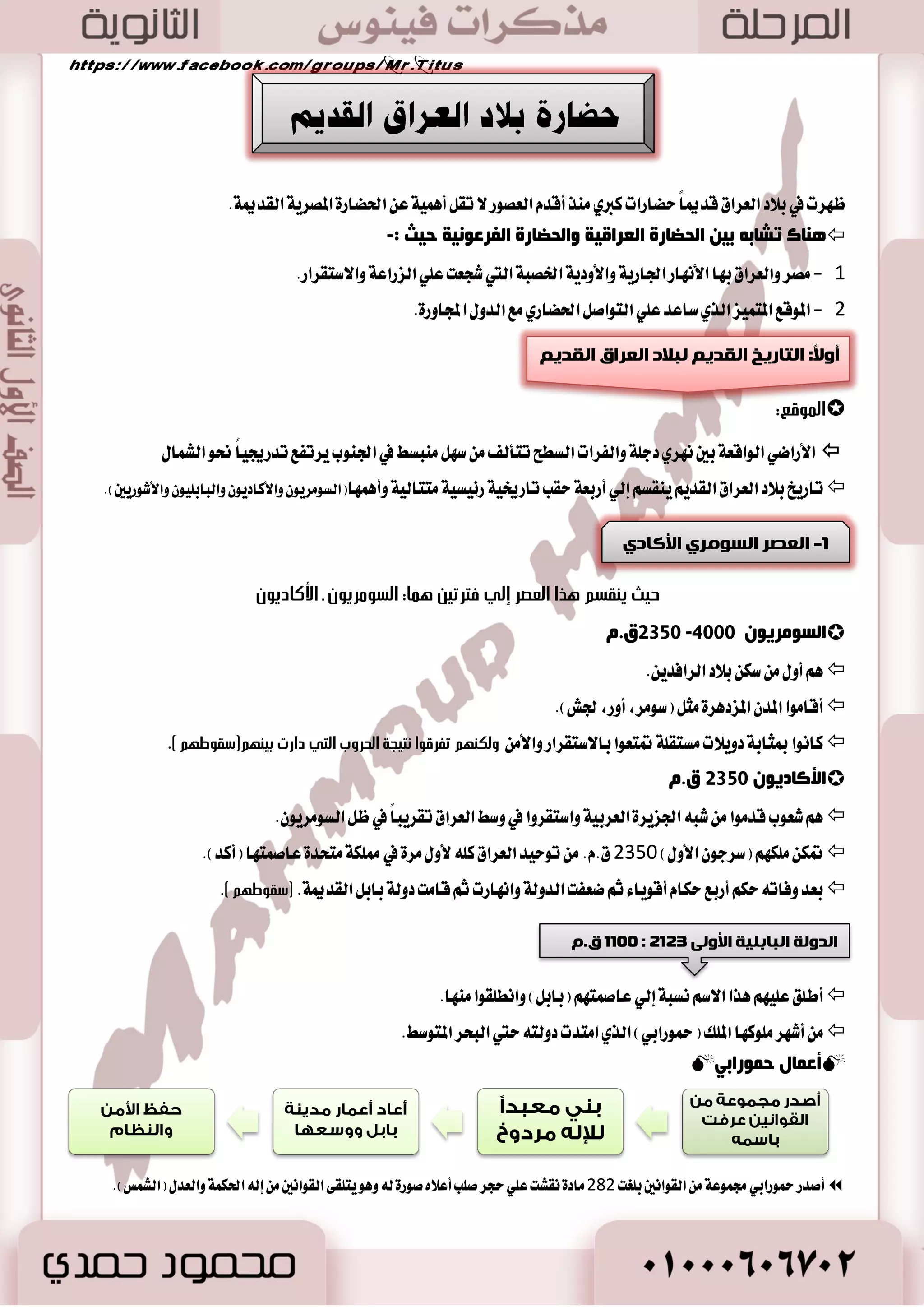 40 
ا ز٘ بّ ا صٌّغ ١٠ ثؼ ا ذٌـبة:-  
. - 0 قٝاؽ ؾٝها اي ٝٓ .ٌ - 2 تكسٜط ايهطا ٥ب ٚالمعا ٬َت ايتذاضٜ ١ 
4 -تػذٝ ضٚاتب المٛظؿين ٚاؾ ٛٓز. - 3 سػاب َٛاغ ايعضاع ١ 
-2 ا ٌٙ ضٕؿخ: 
 ٚق تً عَطؾ ١ المكطٜين بايع ًٛ اله سٓغٝ ١ إيٞ شضٚت اٗ في عكط ب آ ٠ ا٭ طٖا .ّ 
بِطا ٠ذضس إطا: ٠ؼغف ا صٌّغ ٠ٛ ا مٌض بِء ا مٌٛاػض ٚا ظٌٕغ ٠بد ا ٌٙ ضٕؿ ١خ؟  
لما اغتطاعٛا ت ؿٓٝص المؿطٚعات ايعا ١َ ايهبر ٣ جَ ب آ ٤ المكابط ٚالمعابس ٚايكٛا عَ ٚسؿط ايترع ٚؽطٝط المس .ٕ 
-3 ا فٌ هٍ: 
 . نا ي سًٜ اثط نبير في تطٛض ايؿ وً في سٝا ٠ المكطٜين ايكس اَ ٤ 
 ن ١ٗٓ ًٖٝٛبٛيٝؼ أٚ ا تٖ ُٛا بسضاغ ١ ع ايؿ وً ٚتٛق ًٛا الى: - ايتكٜٛ ايؿ ػُٞ -ايهجير َٛاقع اي ذٓٛ ٚايهٛانب.. 
 ا ٫ بَراطٛض ايطٚ اَ ٢ْ ٜٛيٝٛؽ قٝكط كْ ايتكٜٛ ايؿ ػُ ٢ كَط الى ضٚ اَ 
:َ -4 ا تٌِ ٚا زٌذ ١ٕ 
ا ؽٌت:  
 عطف المكطٜٛ ايطب ٚ اَضغٛٙ ٚٚنعٛا ؾطٚطاً ي تًًُشكين يتسضٜػ .٘ 
 . نا تْ آٖى ػَتؿؿٝات خاق ١ يع ٬ز المطنٞ ٚقطف ا٭زٜٚ ١ 
 . ؾها آٖى أطبا ٤ ي ذًطاس ١ بطعٛا ؾٝ اٗ ٚا٭غ آ ٚايعٝٛ ٚاي ػٓا ٤  عطؾٛا ايتدكل في ايطب 
 مه أشهر الأطباء: ايمشٛتب - ا شَٓٛتب ب سابٛ. 
ا زٌذ ١ٕػ:  
. ٜعتبر ايتش ٝٓط أبطظ ايع ٬ اَت ع ًٞ ططٜل اؿهاض ٠ المكطٜ ١ ايكسيم ١  
 الهسف : حماٜ ١ دجت ايتش نٞ تت هُ ايطٚح ايعجٛض ع ًٞ اؾػس يتت ع ًُٝ ١ ايبعح. 
-5 ا ىٌ ١ّ ١ بء: 
 . تعٛز ن ١ًُ نٝ ُٝا ٤ إيٞ ايه ١ًُ المكطٜ ١ ايكسيم ١ ن تُ ٚتعني ا٭ضض ايػٛزا ٤ 
 . غا المكطٜٛ ايكس اَ ٤ في تكس ايهٝ ُٝا ٤ ٚ بْػٛا في ايك آعات ايهٝ ُٝا ٥ٝ ١ 
صس ذٍ ا ىٌ ١ّ ١ بء فٟ::-  
- 0 ق آع ١ ايعداز ٚايبرٚ عْ ٚنٝ ُٝا ٤ المعاز .ٕ 
- 2 ق آع ١ ا٭قباؽ ٚا٭يٛا ٚأزٚات ايتذ ُٝ ٚايعطٛض. 
- 3 أعساز المٛاز ايتي تسخ في ع ًُٝ ١ ايتش ٝٓط. 
- 4 ق آع ١ ايعكاقير ٚا٭زٜٚ ١ اؿٝٛا اْت ٚاي بٓاتات ٚالمعاز .ٕ 
 