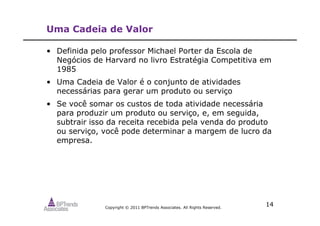 Copyright © 2011 BPTrends Associates. All Rights Reserved.
14
Uma Cadeia de Valor
• Definida pelo professor Michael Porter da Escola de
Negócios de Harvard no livro Estratégia Competitiva em
1985
• Uma Cadeia de Valor é o conjunto de atividades
necessárias para gerar um produto ou serviço
• Se você somar os custos de toda atividade necessária
para produzir um produto ou serviço, e, em seguida,
subtrair isso da receita recebida pela venda do produto
ou serviço, você pode determinar a margem de lucro da
empresa.
 