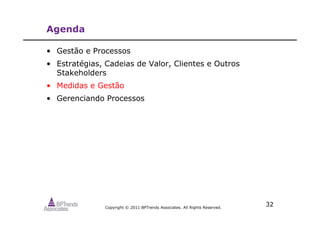 Copyright © 2011 BPTrends Associates. All Rights Reserved.
32
Agenda
• Gestão e Processos
• Estratégias, Cadeias de Valor, Clientes e Outros
Stakeholders
• Medidas e Gestão
• Gerenciando Processos
 