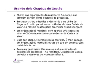 Copyright © 2011 BPTrends Associates. All Rights Reserved.
46
Usando dois Chapéus de Gestão
• Muitas das organizações têm gestores funcionais que
também servem como gestores de processos.
• Em algumas organizações o Gestor de uma Linha de
Negócio é muito parecido com o Gestor de uma Cadeia de
Valor e a mesma pessoa pode preencher as duas funções
• Em organizações menores, com apenas uma cadeia de
valor o COO também serve como Gestor da Cadeia de
Valor.
• Usar dois chapéus sempre causa conflitos. É mais comum
em organizações matriciais fracas do que em organizações
matriciais fortes.
• Poucas organizações têm mais que duas camadas de
gestores de processos – na realidade, Gestores de Cadeia
de Valor e Gestores de Processos Nível 1.
 