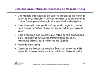 Copyright © 2011 BPTrends Associates. All Rights Reserved.
49
Uma Boa Arquitetura de Processos de Negócio Inclui
• Um modelo das cadeias de valor e processos de fluxo de
valor da organização – um conhecimento sobre como as
coisas fluem para obtenção dos resultados desejados
• Uma descrição das políticas/regras de negócio usadas
para tomar decisões chave em cada cadeia ou fluxo de
valor
• Uma descrição dos valores que estão sendo produzidos,
e os Indicadores Chave de Performance (KPIs ou
métricas) claros, para medir os resultados
• Medição constante
• Gestores de Processos responsáveis por obter os KPIs
específicos associados a cada cadeia ou fluxo de valor
 