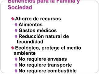 Beneficios para la Familia y
Sociedad
Ahorro de recursos
Alimentos
Gastos médicos
Reducción natural de
fecundidad
Ecológico, protege el medio
ambiente
No requiere envases
No requiere transporte
No requiere combustible
 