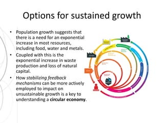 Options for sustained growth 
• Population growth suggests that 
there is a need for an exponential 
increase in most resources, 
including food, water and metals. 
• Coupled with this is the 
exponential increase in waste 
production and loss of natural 
capital. 
• How stabilizing feedback 
mechanisms can be more actively 
employed to impact on 
unsustainable growth is a key to 
understanding a circular economy. 
 