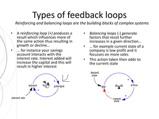 Types of feedback loops 
Reinforcing and balancing loops are the building blocks of complex systems 
• A reinforcing loop (+) produces a 
result which influences more of 
the same action thus resulting in 
growth or decline… 
• … for instance your savings 
account interacts with the 
interest rate. Interest added will 
increase the capital and this will 
result in higher interest 
• Balancing loops (-) generate 
factors that resist further 
increases in a given direction… 
• … for example current state of a 
company is low profit and it 
focusses on more sales 
• This action taken then adds to 
the current state 
 