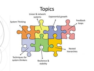 Topics 
System Thinking 
Linear & network 
systems 
Feedback 
loops 
Exponential growth 
Nested 
hierarchies 
Resilience & 
stability 
Techniques for 
system thinkers 
 