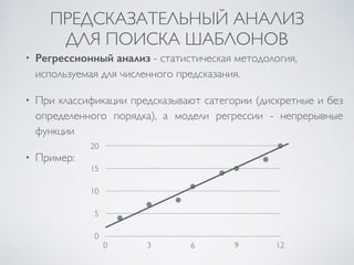 ПРЕДСКАЗАТЕЛЬНЫЙ АНАЛИЗ 
ДЛЯ ПОИСКА ШАБЛОНОВ 
• Регрессионный анализ - статистическая методология, 
используемая для численного предсказания. 
• При классификации предсказывают сатегории (дискретные и без 
определенного порядка), а модели регрессии - непрерывные 
функции 
20 
• Пример: 
15 
10 
5 
0 
0 3 6 9 12 
 