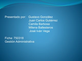 Presentado por: Gustavo González
Juan Carlos Gutiérrez
Camila Barbosa
Milena Ballesteros
José Iván Vega
Ficha: 750318
Gestión Administrativa