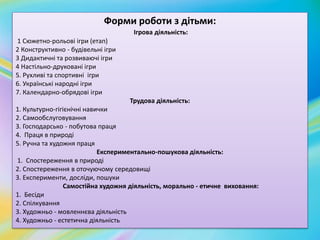 Форми роботи з дітьми: 
Ігрова діяльність: 
1 Сюжетно-рольові ігри (етап) 
2 Конструктивно - будівельні ігри 
3 Дидактичні та розвиваючі ігри 
4 Настільно-друковані ігри 
5. Рухливі та спортивні ігри 
6. Українські народні ігри 
7. Календарно-обрядові ігри 
Трудова діяльність: 
1. Культурно-гігієнічні навички 
2. Самообслуговування 
3. Господарсько - побутова праця 
4. Праця в природі 
5. Ручна та художня праця 
Експериментально-пошукова діяльність: 
1. Спостереження в природі 
2. Спостереження в оточуючому середовищі 
3. Експерименти, досліди, пошуки 
Самостійна художня діяльність, морально - етичне виховання: 
1. Бесіди 
2. Спілкування 
3. Художньо - мовленнєва діяльність 
4. Художньо - естетична діяльність 
 