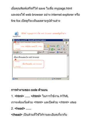 เมื่อคุณพิมพ์เสร็จก็ให้ save ในชื่อ mypage.html 
และลองใช้ web browser อย่ำง internet explorer หรือ 
fire fox เปิดดูก็จะเห็นผลตำมรูปด้ำนล่ำง 
กำรทำงำนของ code ด้ำนบน 
1. <html> ...... </html> ในกำรใช้งำน HTML 
เรำจะต้องเริ่มด้วย <html> และปิดด้วย </html> เสมอ 
2. <head> ...... 
</head> เป็นส่วนที่ใช้ให้รำยละเอียดเกี่ยวกับ 
 