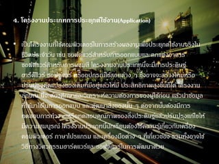 4. โครงงานประเภทการประยุกต์ใช้งาน(Application) 
•เป็นโครงงานที่ใช้คอมพิวเตอร์ในการสร้างผลงานเพื่อประยุกต์ใช้งานจริงใน ชีวิตประจาวัน เช่น ซอฟต์แวร์สาหรับการออกแบบและตกแต่งอาคาร ซอฟต์แวร์สาหรับการผสมสี โครงงานงานประเภทนี้จะมีการประดิษฐ์ ฮาร์ดแวร์ ซอฟต์แวร์ หรืออุปกรณ์ใช้สอยต่าง ๆ ซึ่งอาจจะสร้างใหม่หรือ ปรับปรุงดัดแปลงของเดิมที่มีอยู่แล้วให้มี ประสิทธิภาพสูงขึ้นก็ได้ โครงงาน ลักษณะนี้จะต้องศึกษาและวิเคราะห์ความต้องการของผู้ใช้ก่อน แล้วนาข้อมูล ที่ได้มาใช้ในการออกแบบ และพัฒนาสิ่งของนั้น ๆ ต่อจากนั้นต้องมีการ ทดสอบการทางานหรือทดสอบคุณภาพของสิ่งประดิษฐ์แล้วปรับปรุงแก้ไขให้ มีความสมบูรณ์ โครงงานประเภทนี้นักเรียนต้องใช้ความรู้เกี่ยวกับเครื่อง คอมพิวเตอร์ ภาษาโปรแกรม และเครื่องมือต่าง ๆ ที่เกี่ยวข้อง รวมทั้งอาจใช้ วิธีทางวิศวกรรมฮาร์ดแวร์และซอฟต์แวร์ในการพัฒนาด้วย  