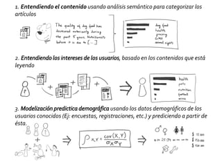 1. Entendiendo el contenido usando análisis semántico para categorizar los 
artículos 
2. Entendiendo los intereses de los usuarios, basado en los contenidos que está 
leyendo 
3. Modelización predictica demográfica usando los datos demográficos de los 
usuarios conocidos (Ej: encuestas, registraciones, etc.) y prediciendo a partir de 
ésta. 
 