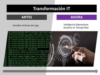 Transformación IT 
ANTES AHORA 
Grandes Archivos de Logs Inteligencia Operacional 
Accionar en Tiempo Real 
 